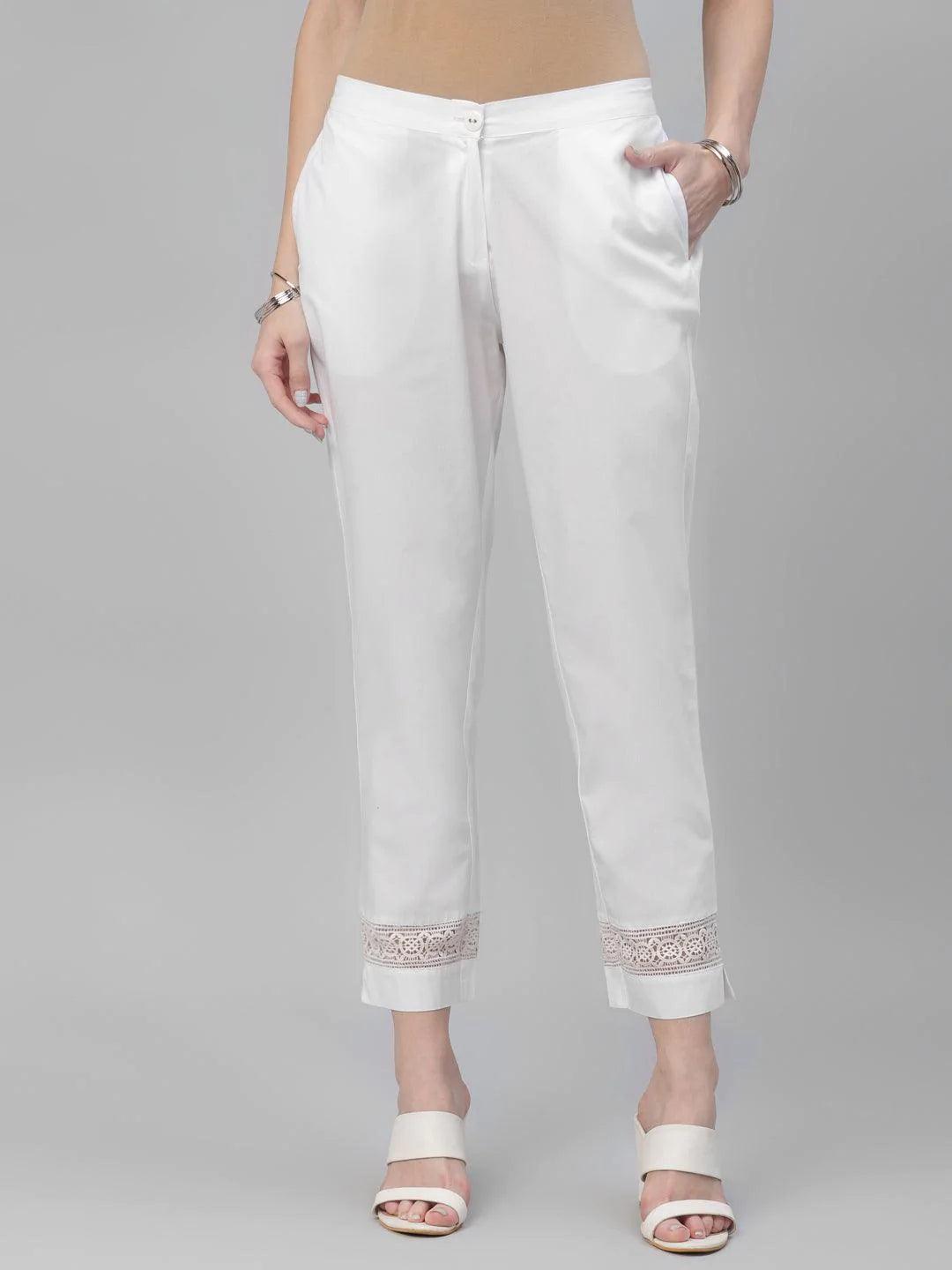 White Solid Cotton Trousers