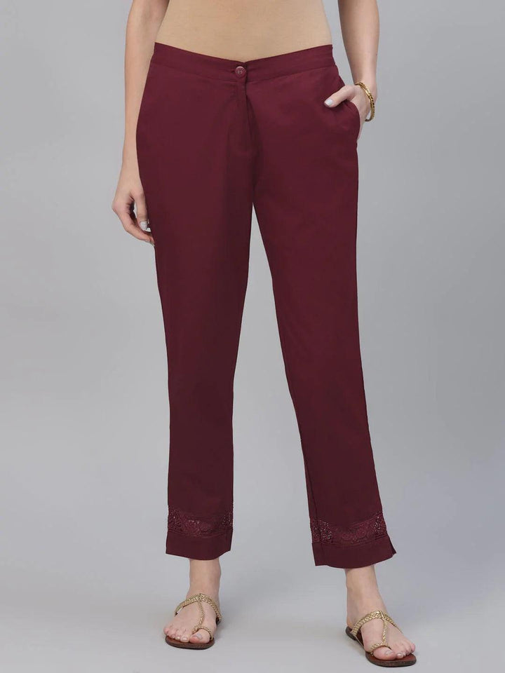 Maroon Solid Cotton Trousers - ShopLibas