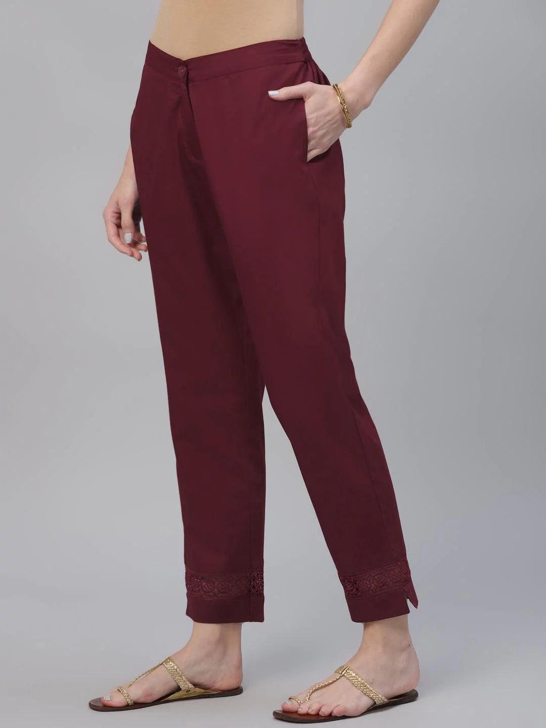 Maroon Solid Cotton Trousers - ShopLibas