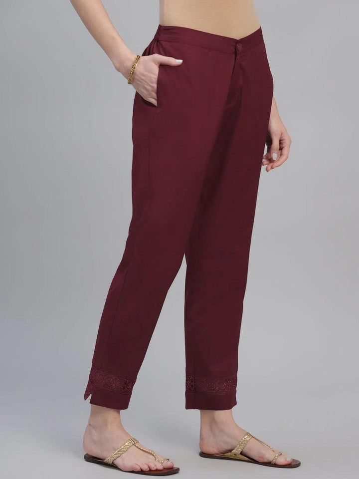 Maroon Solid Cotton Trousers - ShopLibas