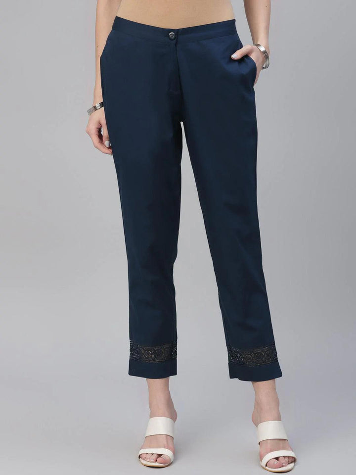 Blue Solid Cotton Trousers - ShopLibas