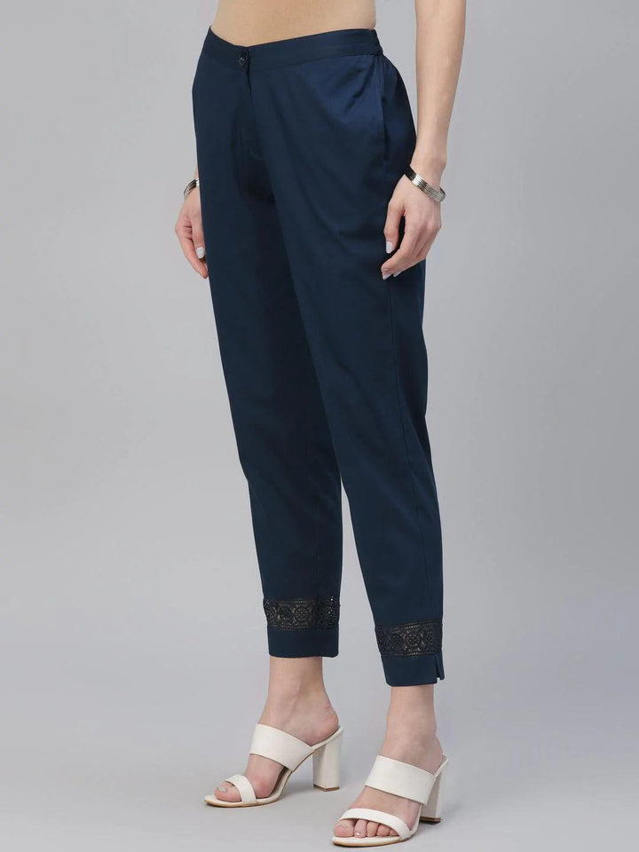 Blue Solid Cotton Trousers - ShopLibas