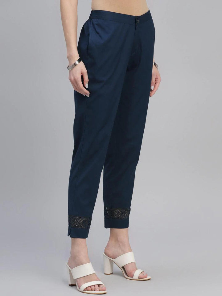 Blue Solid Cotton Trousers - ShopLibas