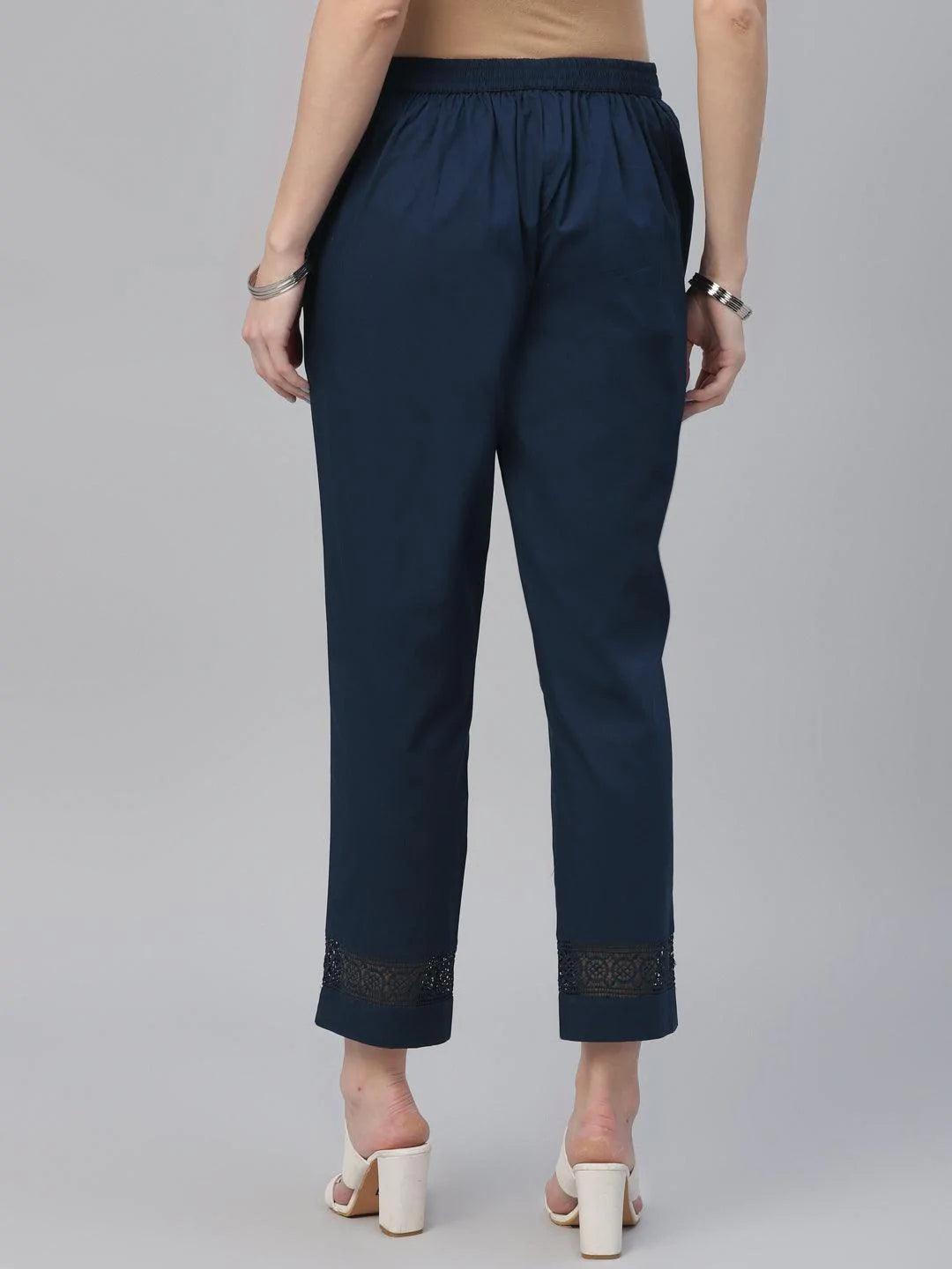 Blue Solid Cotton Trousers - ShopLibas