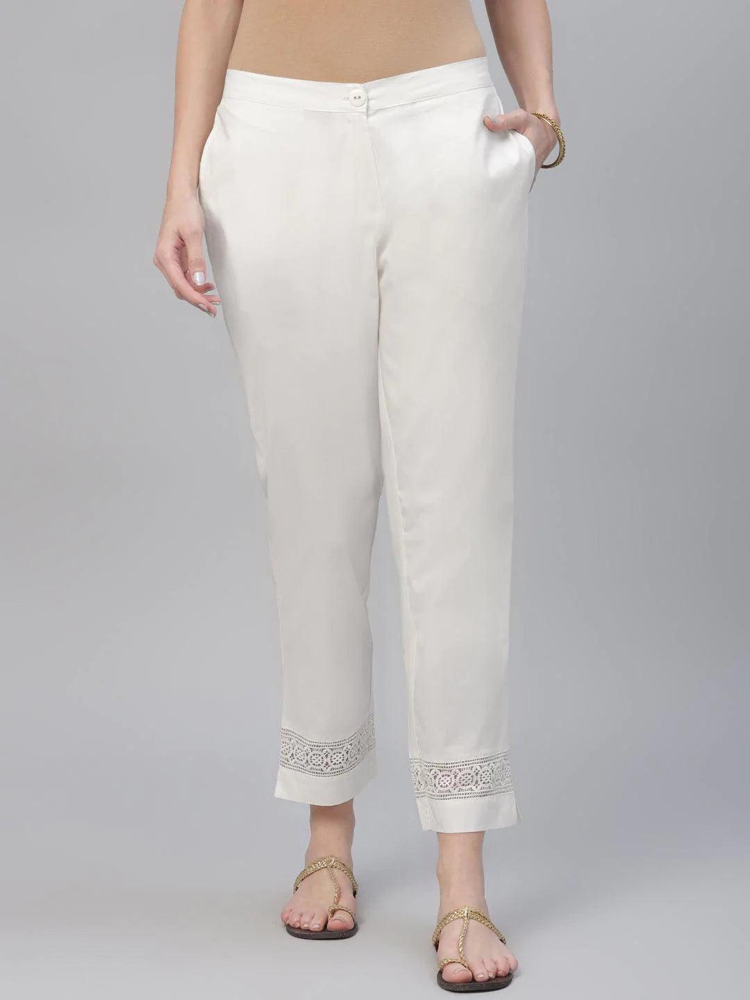 Cream Solid Cotton Trousers