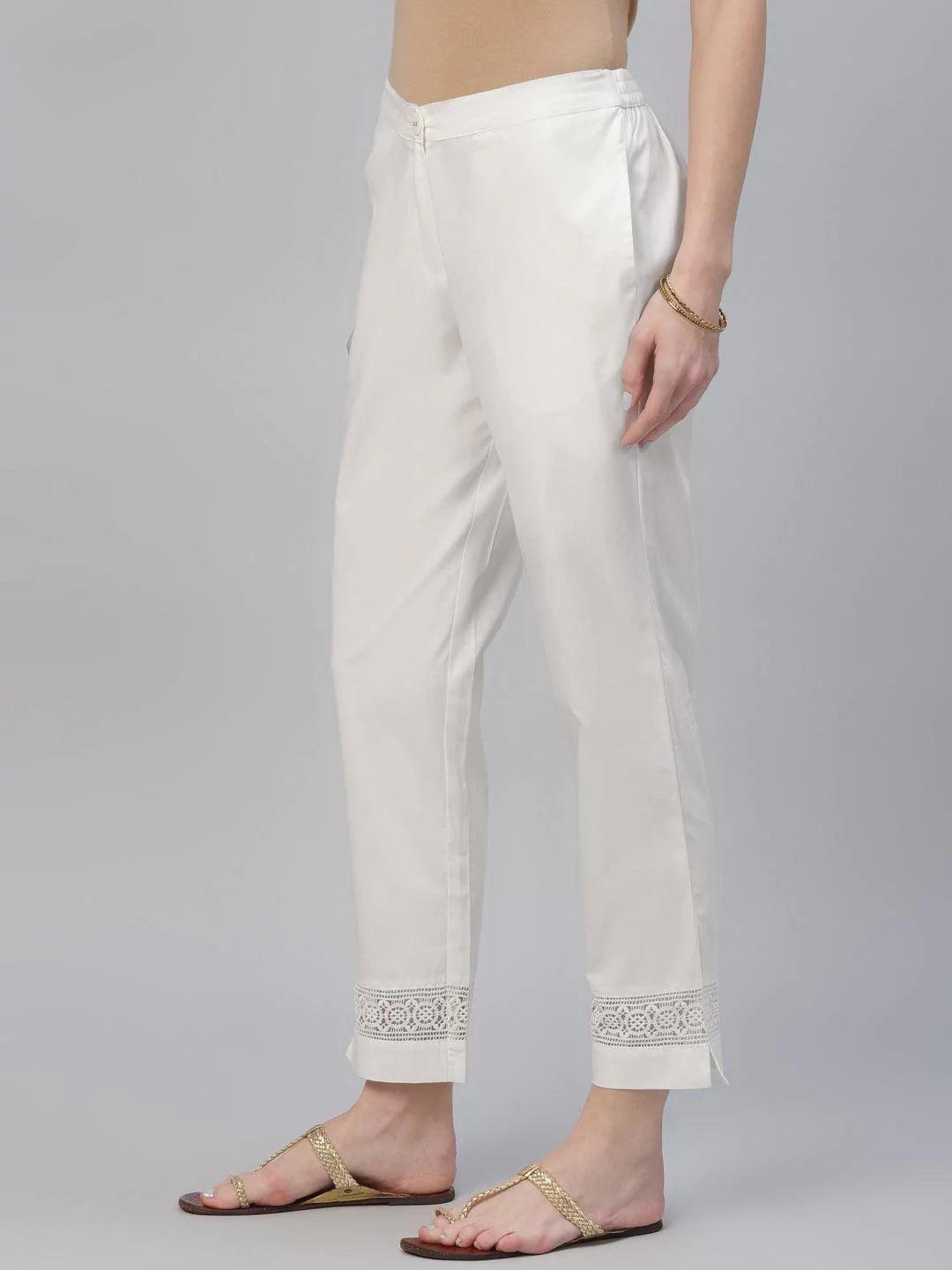 Cream Solid Cotton Trousers