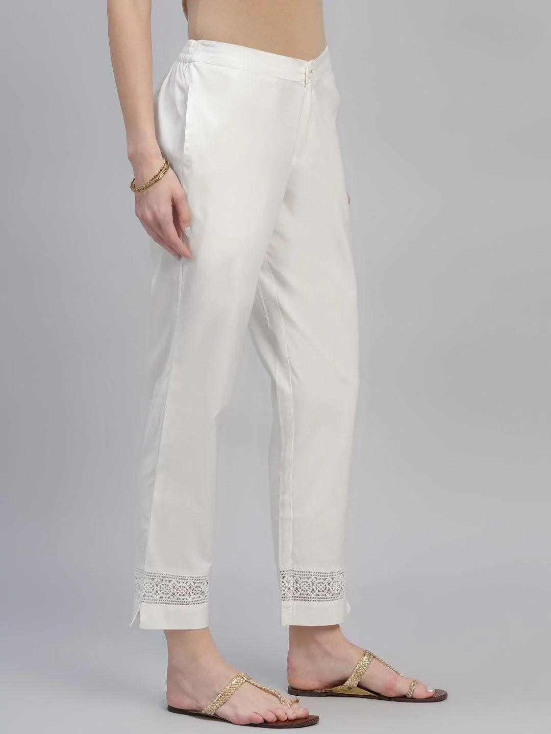 Cream Solid Cotton Trousers