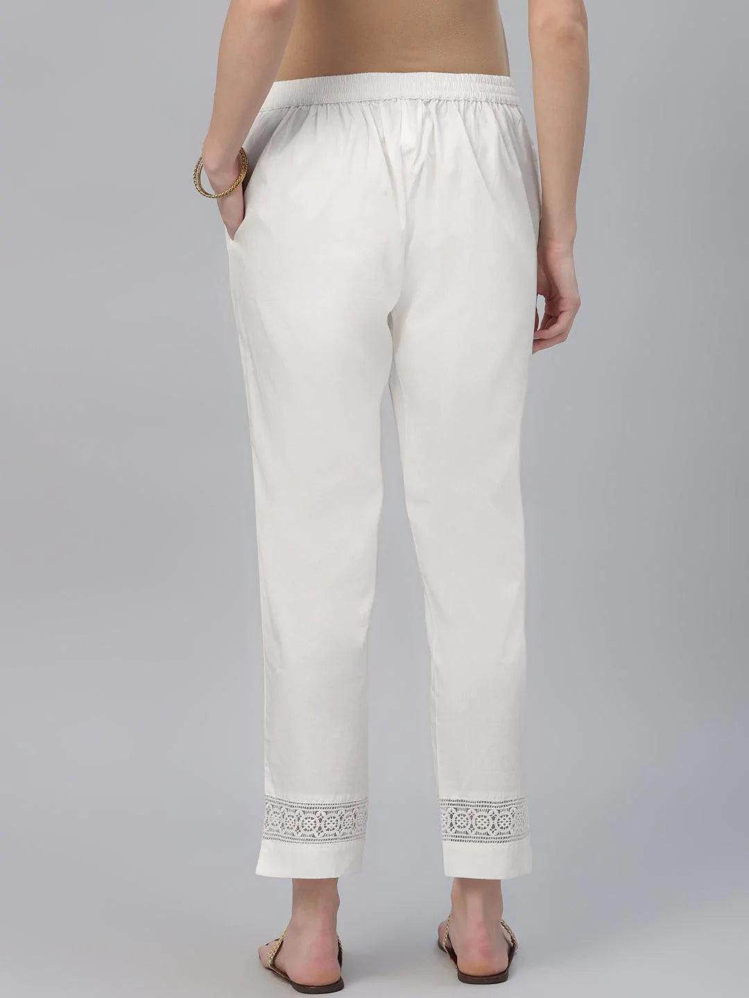 Cream Solid Cotton Trousers