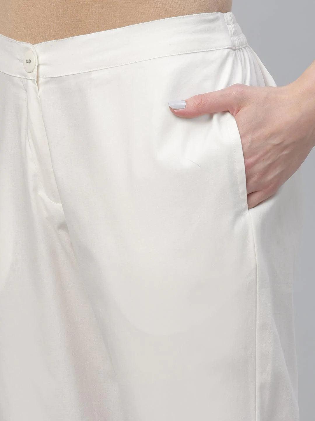 Cream Solid Cotton Trousers