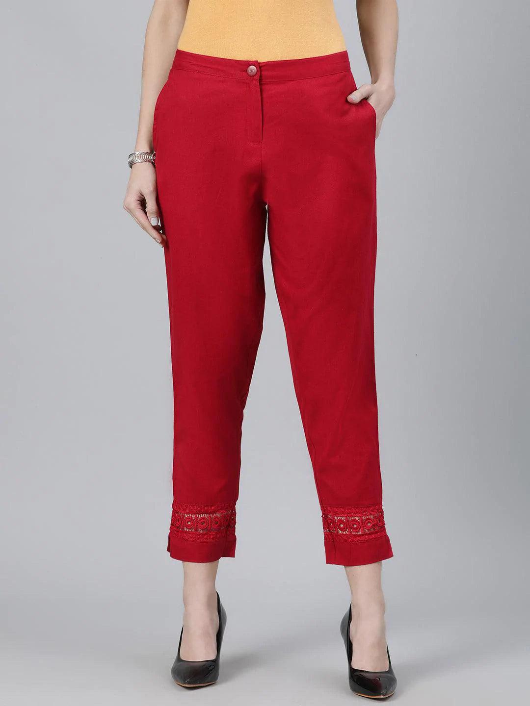 Maroon Solid Cotton Trousers - ShopLibas