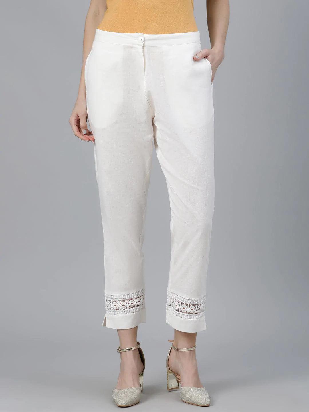 Off-White Solid Cotton Palazzos - ShopLibas