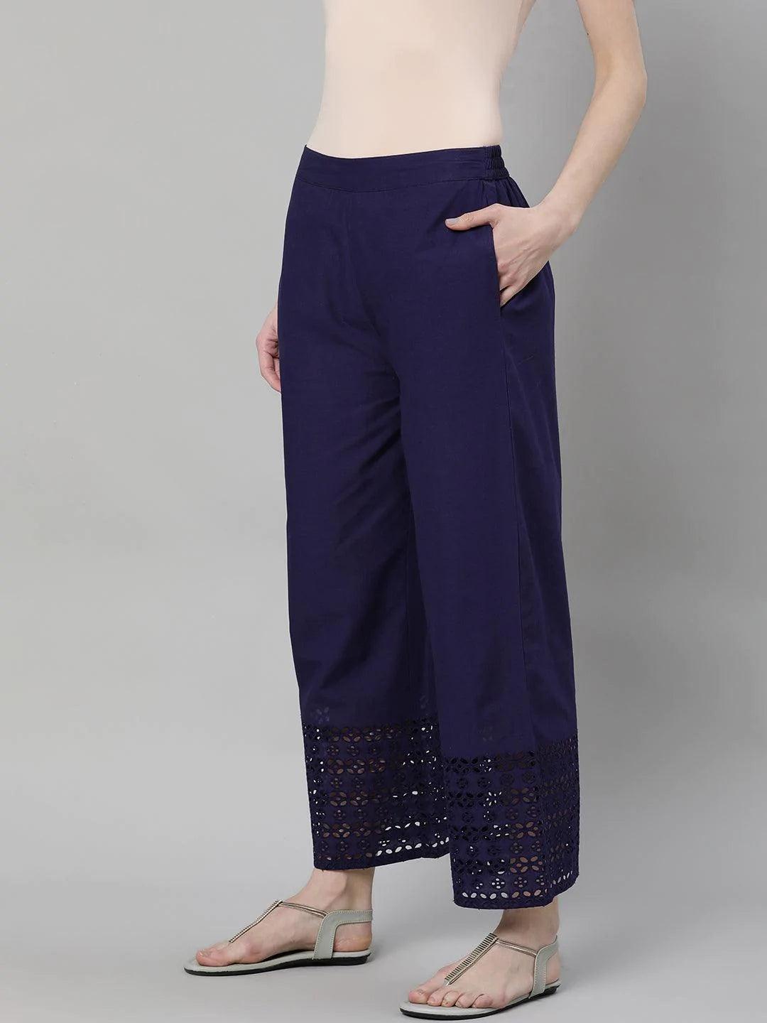 Blue Solid Cotton Palazzos - ShopLibas