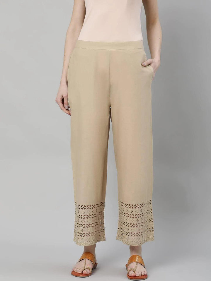 Beige Solid Cotton Palazzos - ShopLibas