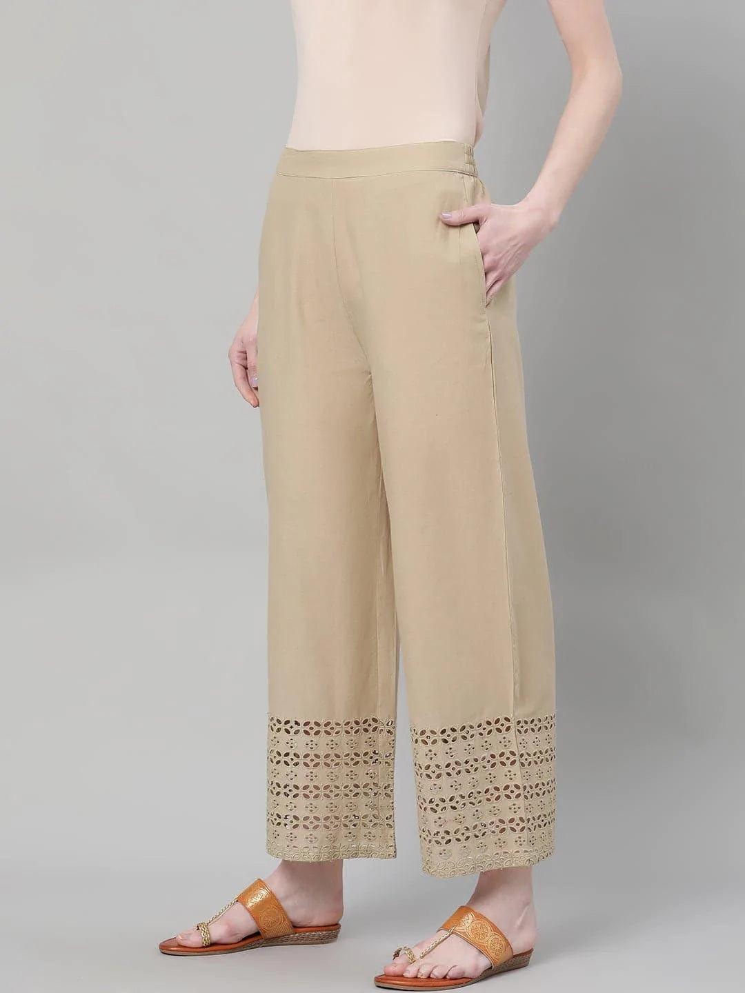 Beige Solid Cotton Palazzos - ShopLibas