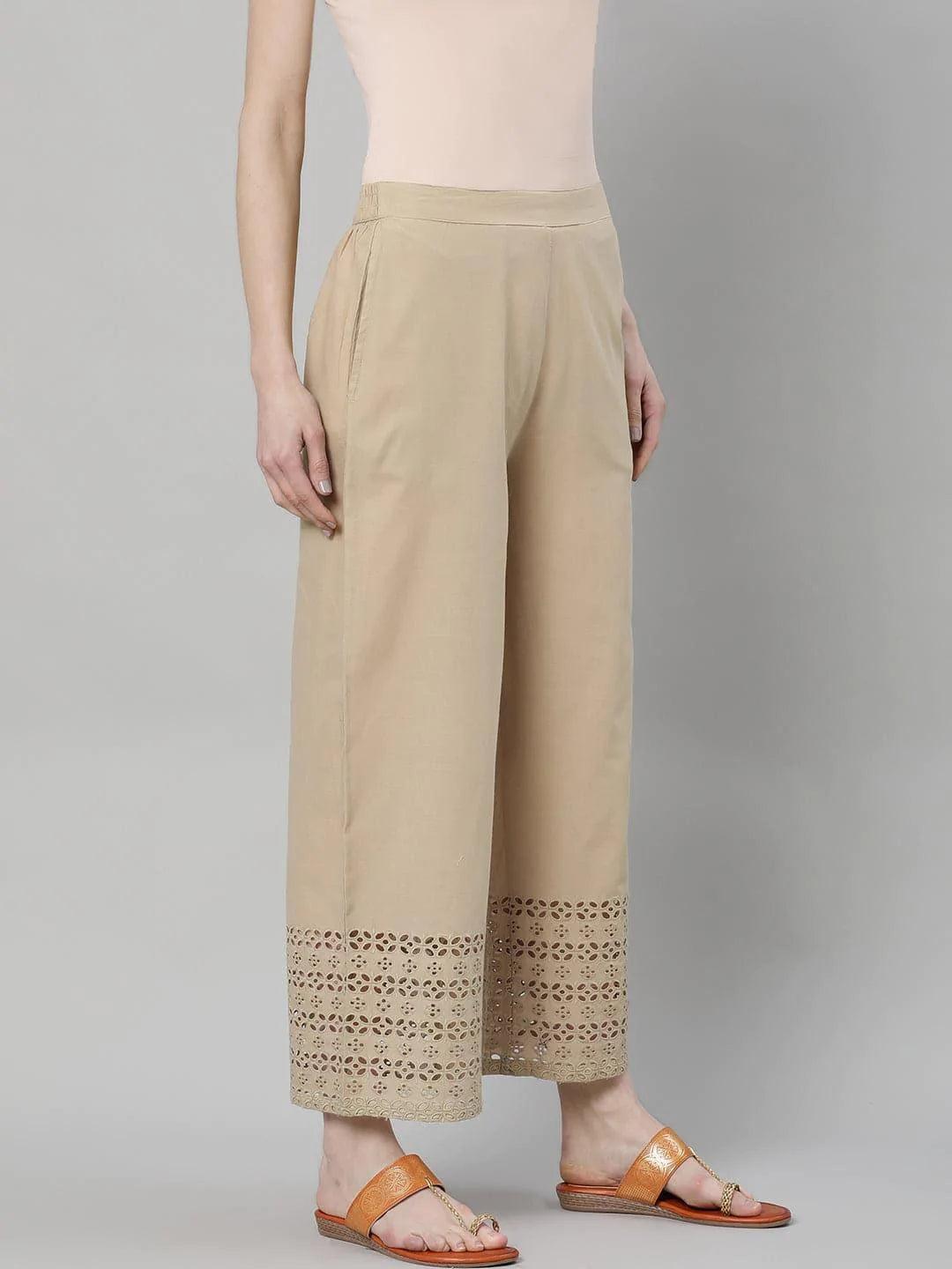 Beige Solid Cotton Palazzos - ShopLibas