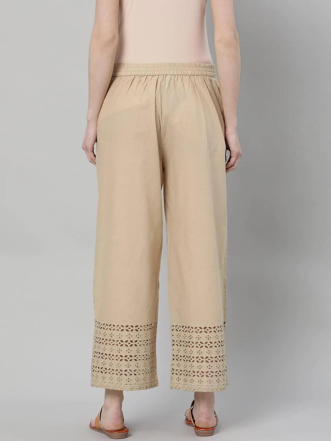 Beige Solid Cotton Palazzos - ShopLibas