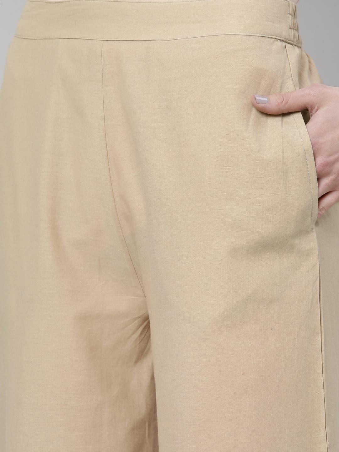 Beige Solid Cotton Palazzos - ShopLibas