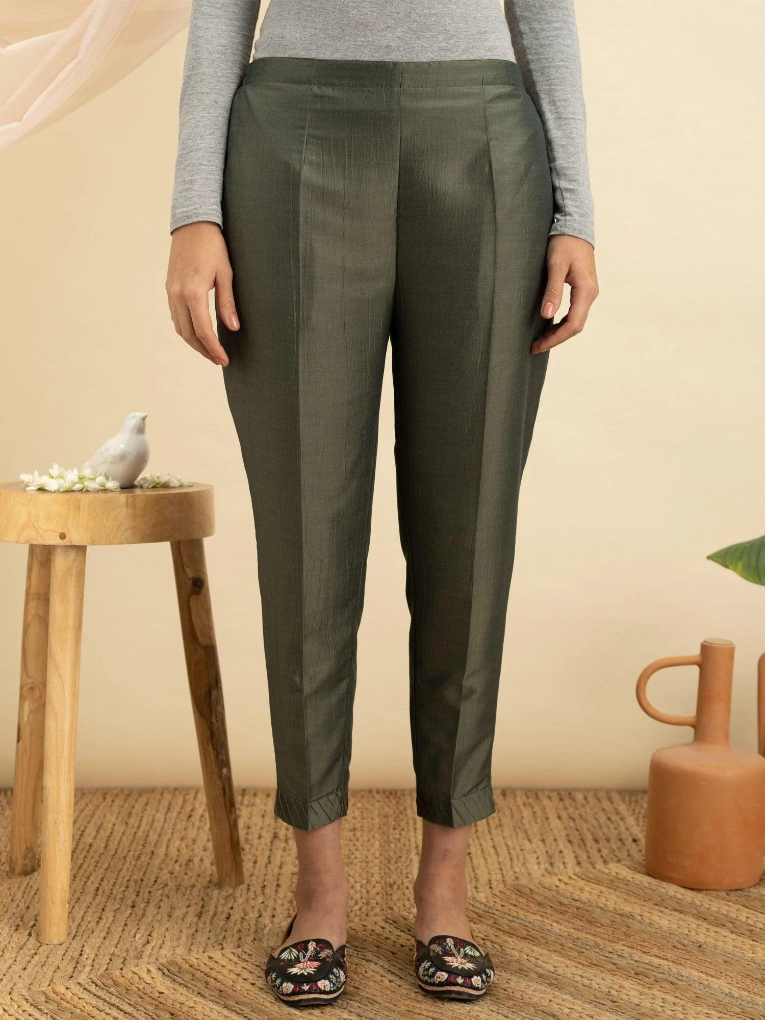 Olive Green Solid Silk Trousers