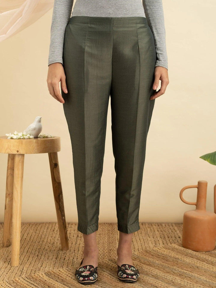 Olive Green Solid Silk Trousers - ShopLibas