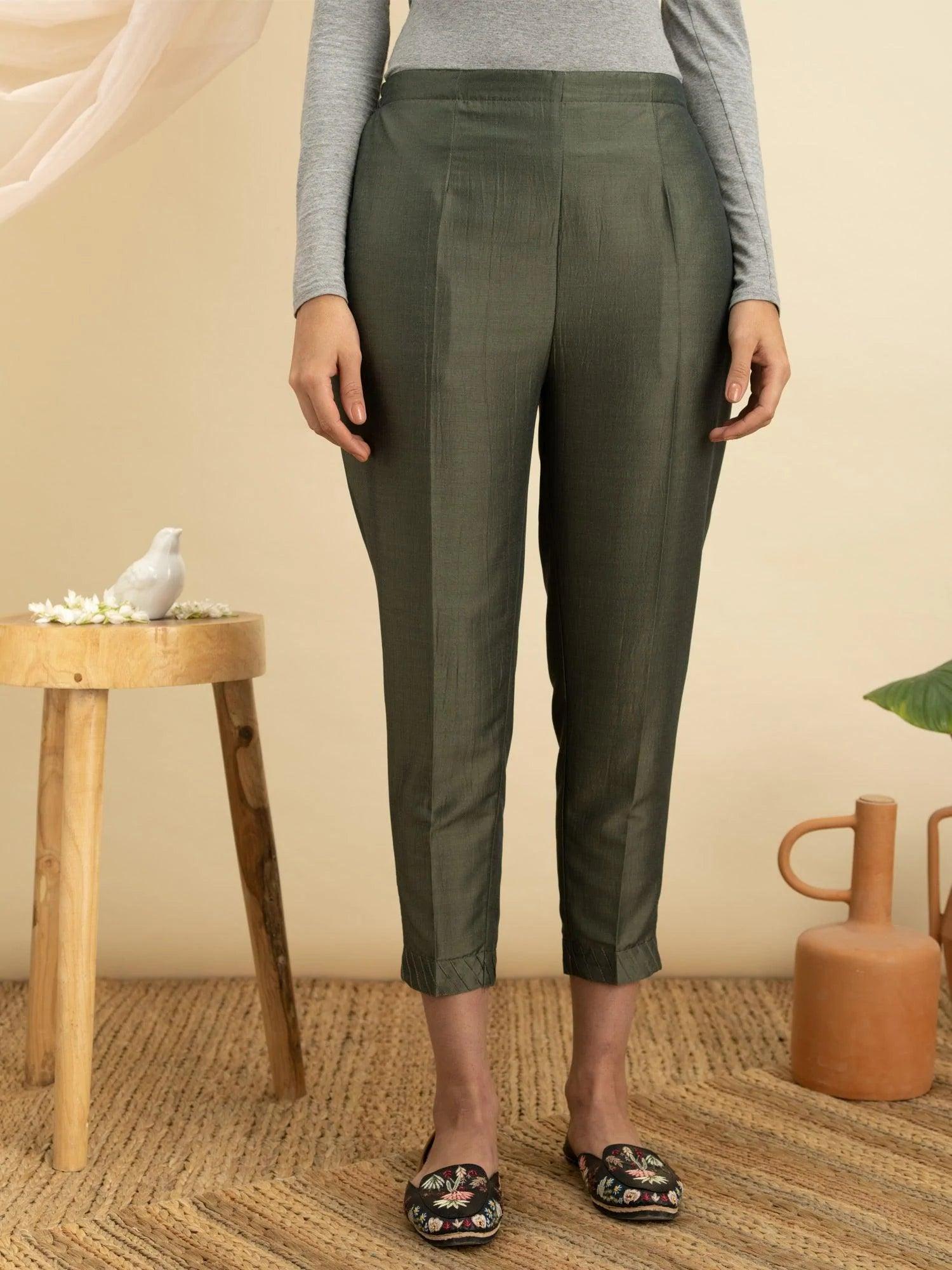 Olive Green Solid Silk Trousers