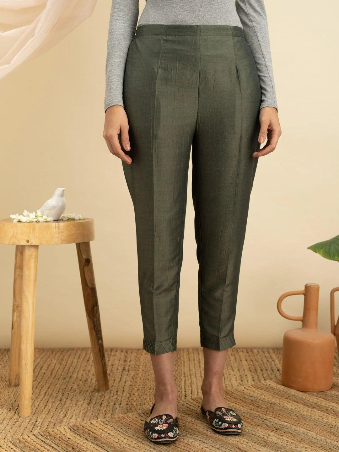 Olive Green Solid Silk Trousers - ShopLibas