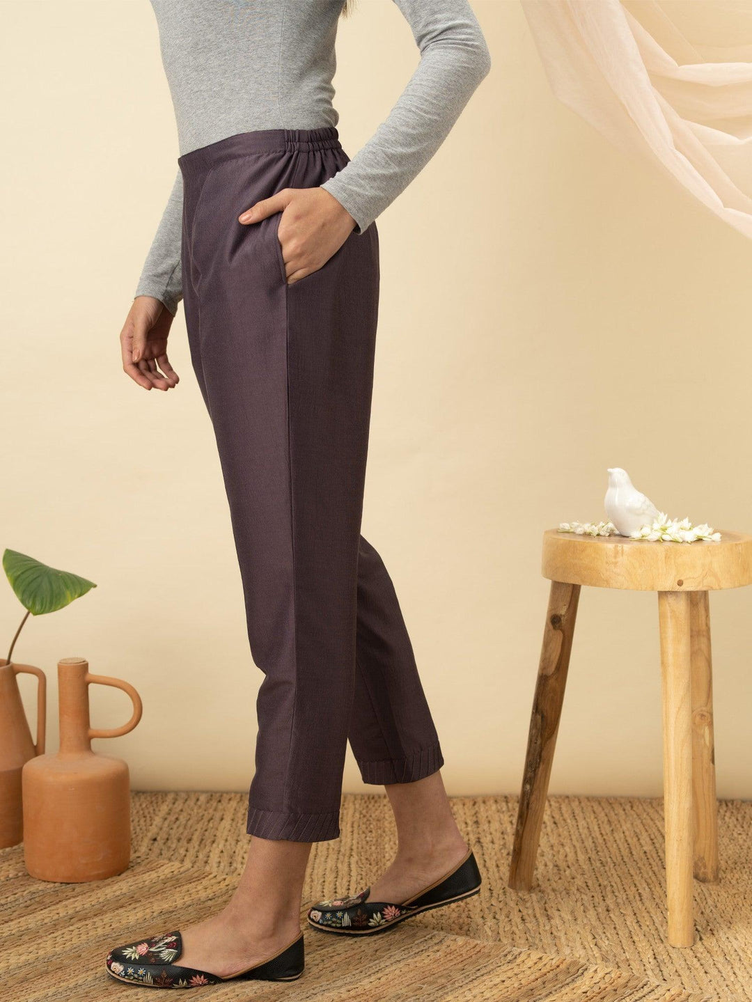 Purple Solid Silk Trousers - ShopLibas