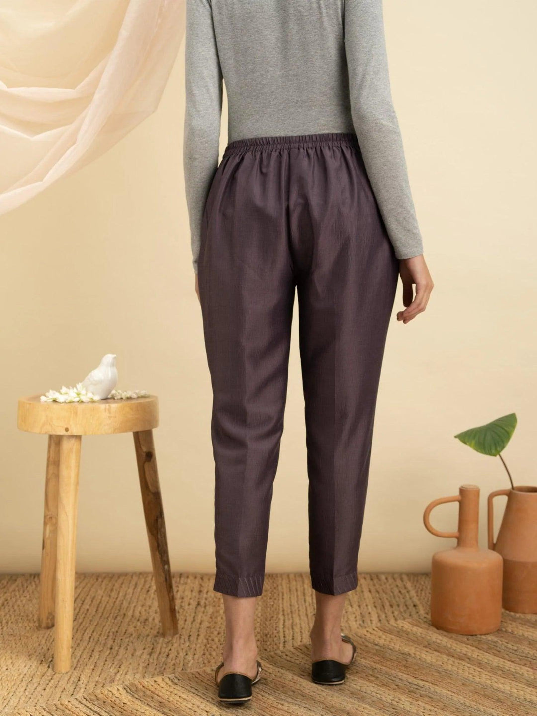 Purple Solid Silk Trousers - ShopLibas