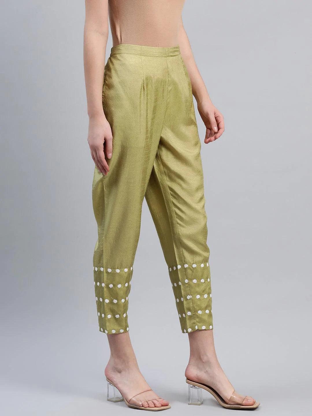 Green Embroidered Silk Trousers - ShopLibas