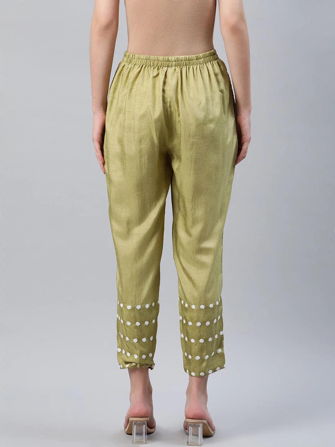 Green Embroidered Silk Trousers - ShopLibas