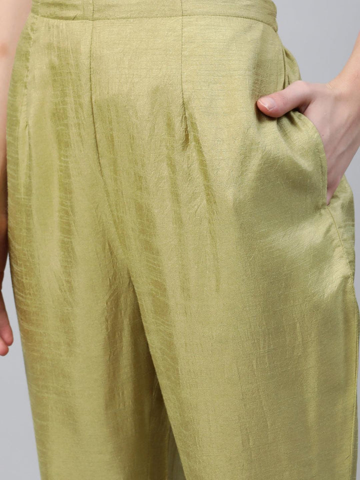 Green Embroidered Silk Trousers - ShopLibas