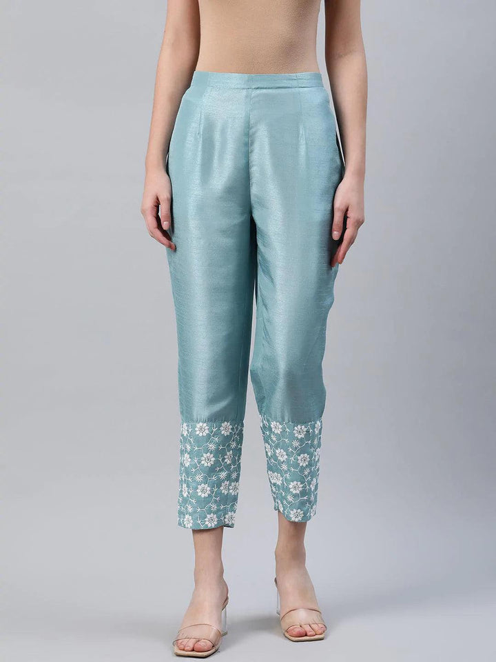 Blue Embroidered Silk Trousers - ShopLibas