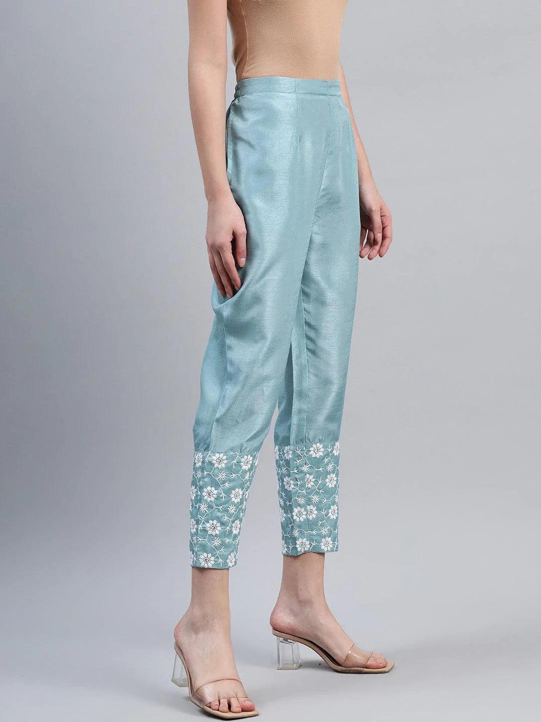 Blue Embroidered Silk Trousers - ShopLibas