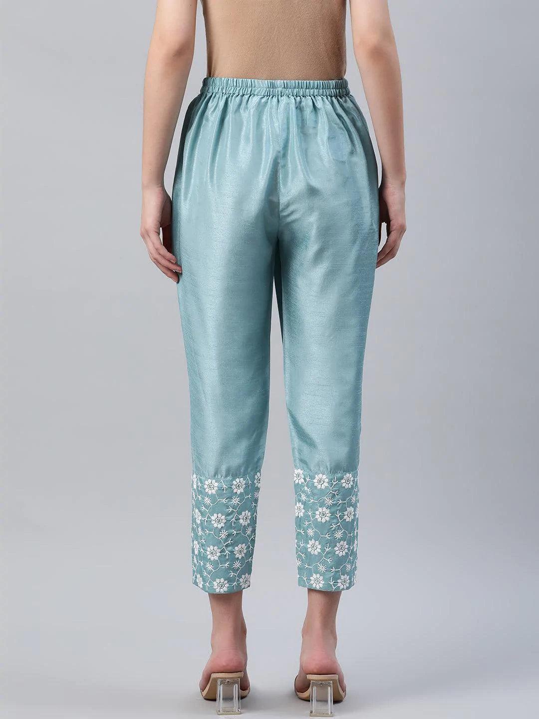 Blue Embroidered Silk Trousers - ShopLibas