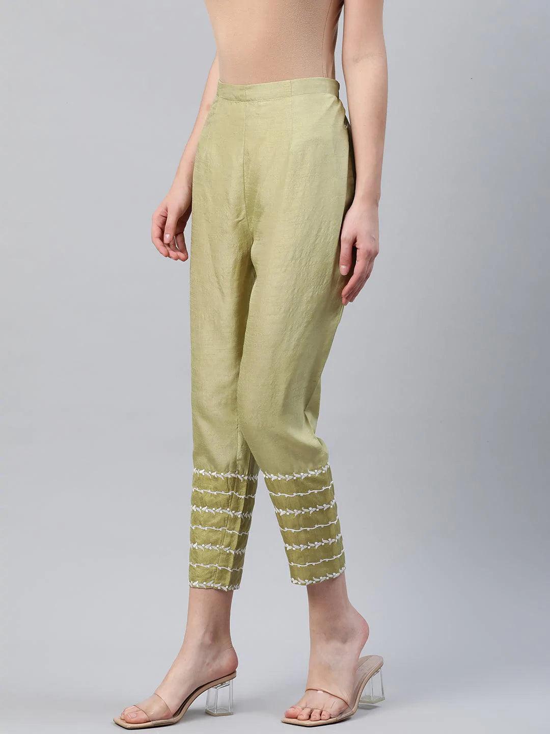 Green Embroidered Silk Trousers - ShopLibas