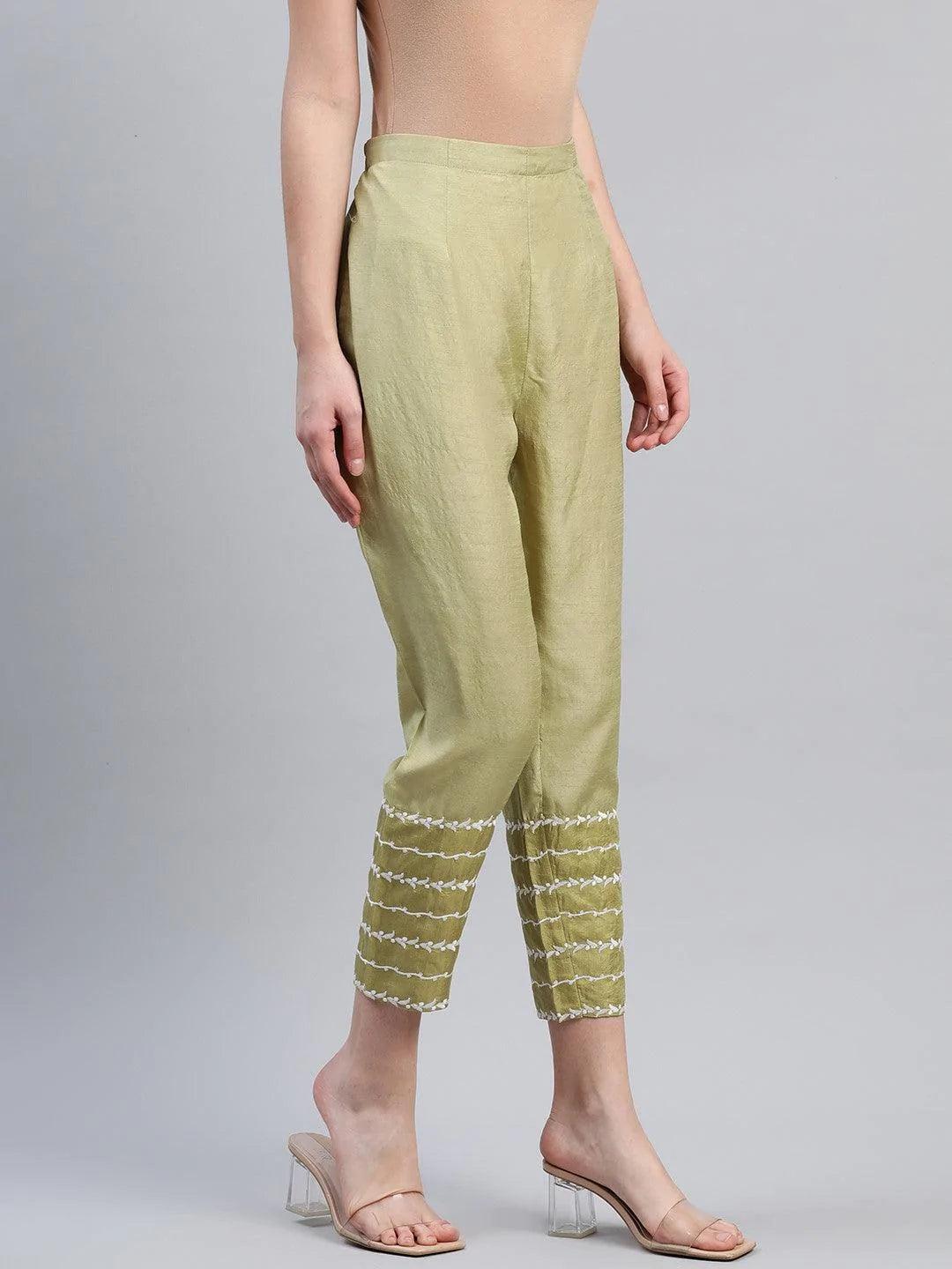 Green Embroidered Silk Trousers - ShopLibas