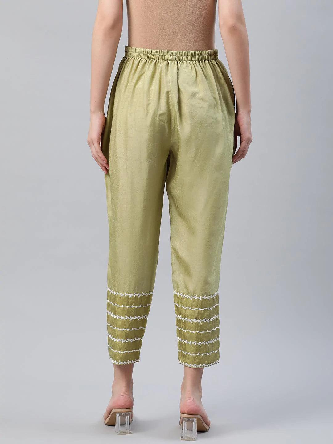 Green Embroidered Silk Trousers - ShopLibas