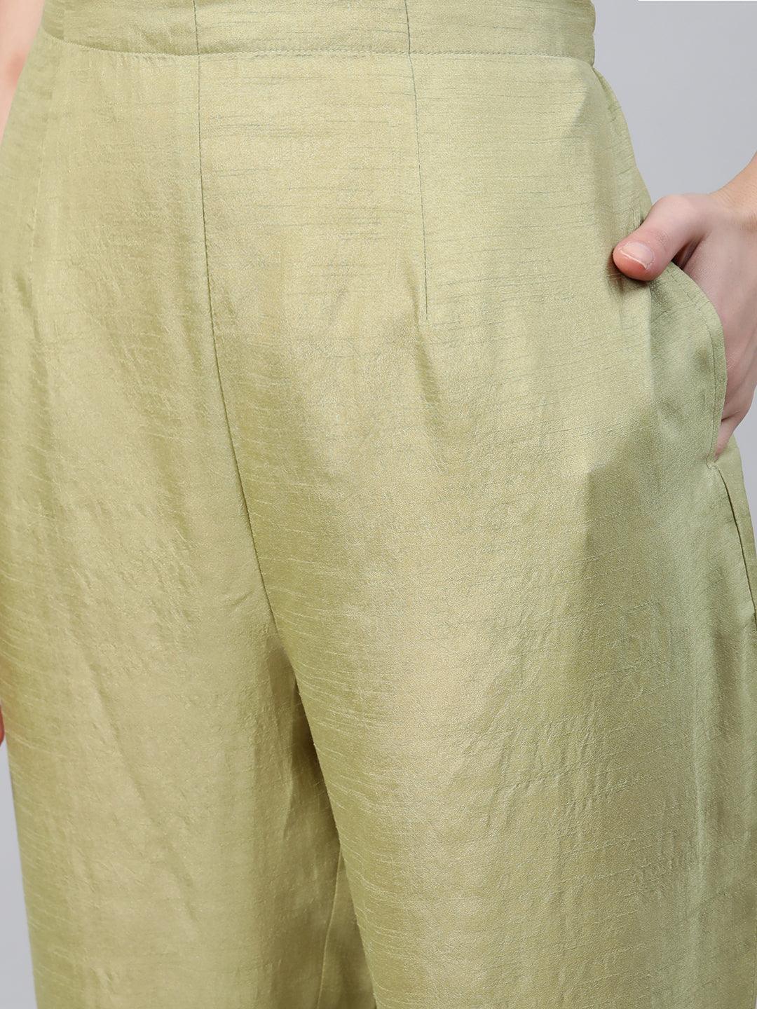 Green Embroidered Silk Trousers - ShopLibas