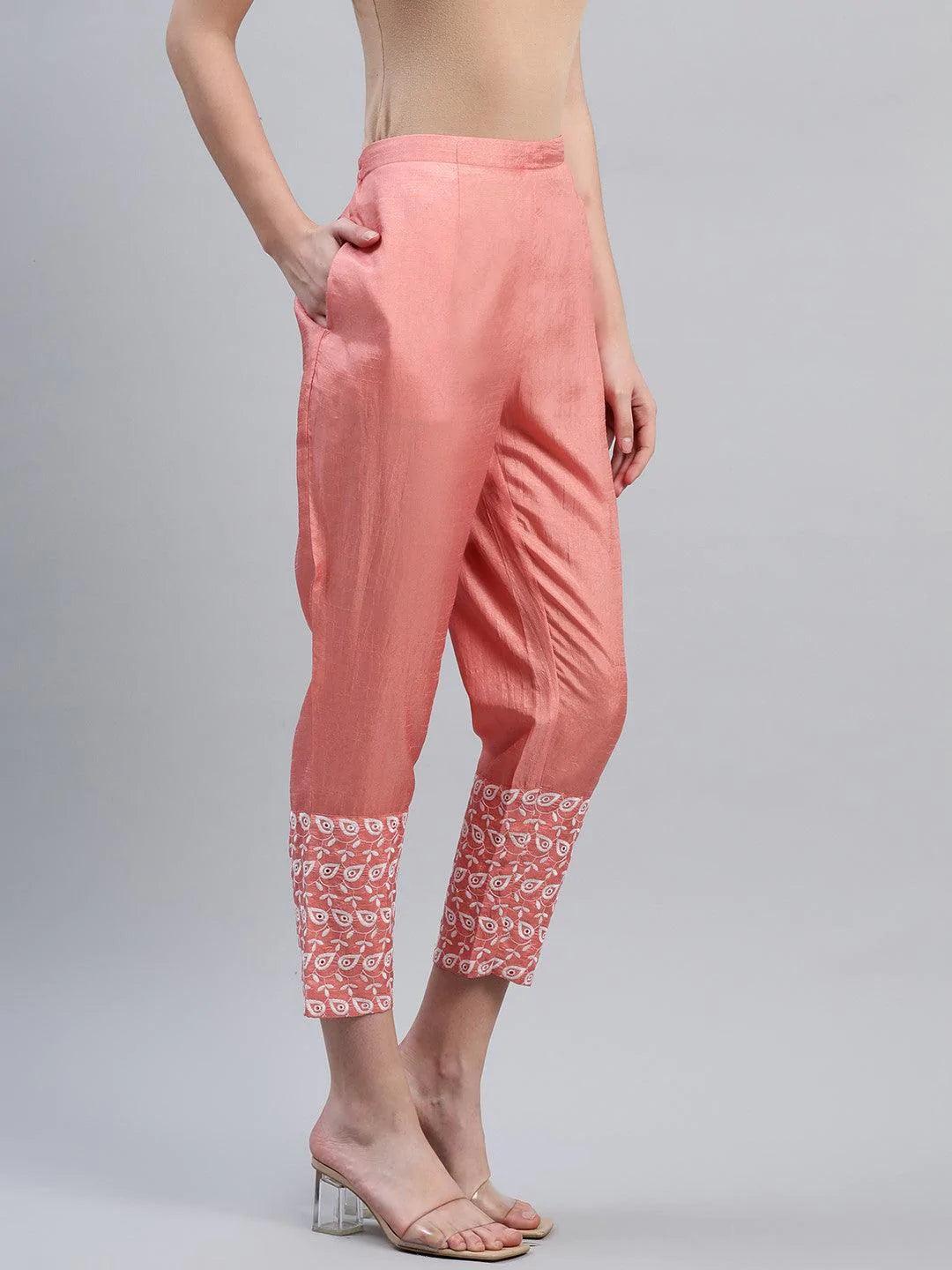 Peach Embroidered Silk Trousers - ShopLibas