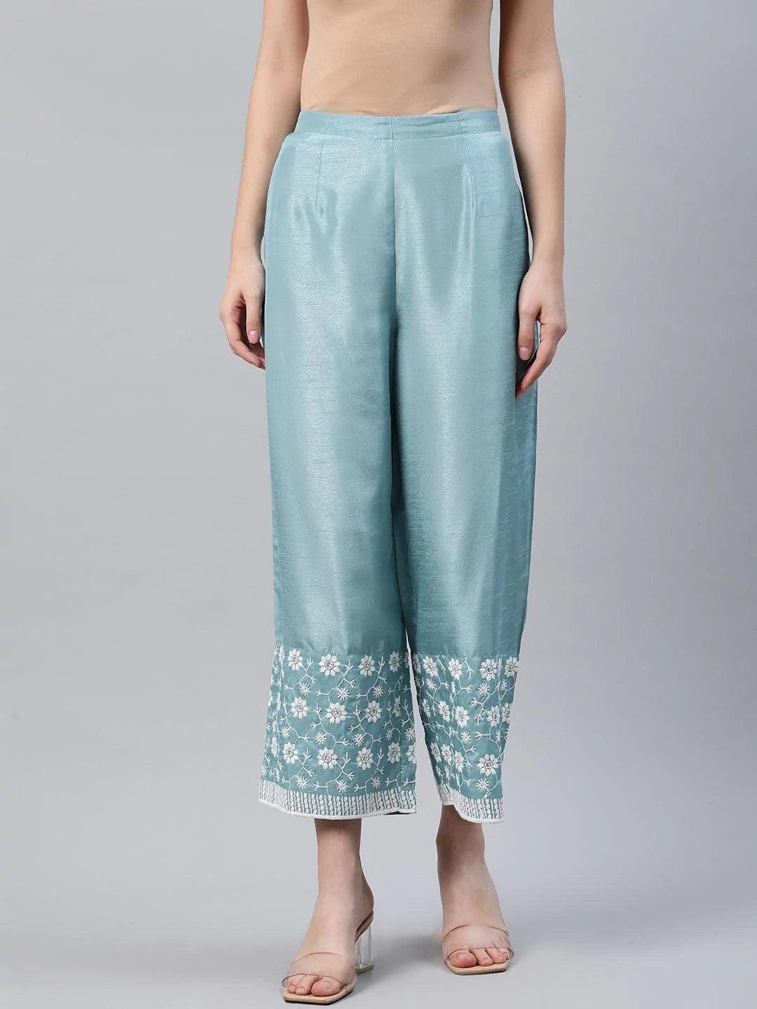 Blue Embroidered Silk Palazzos - ShopLibas