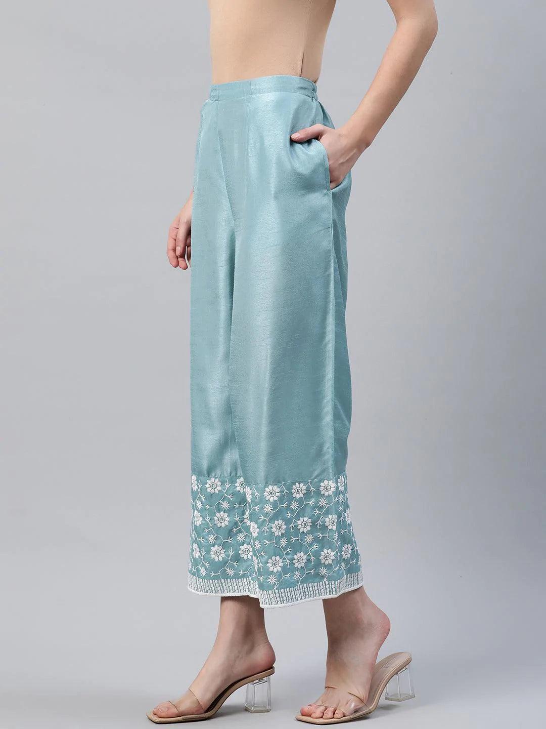 Blue Embroidered Silk Palazzos - ShopLibas