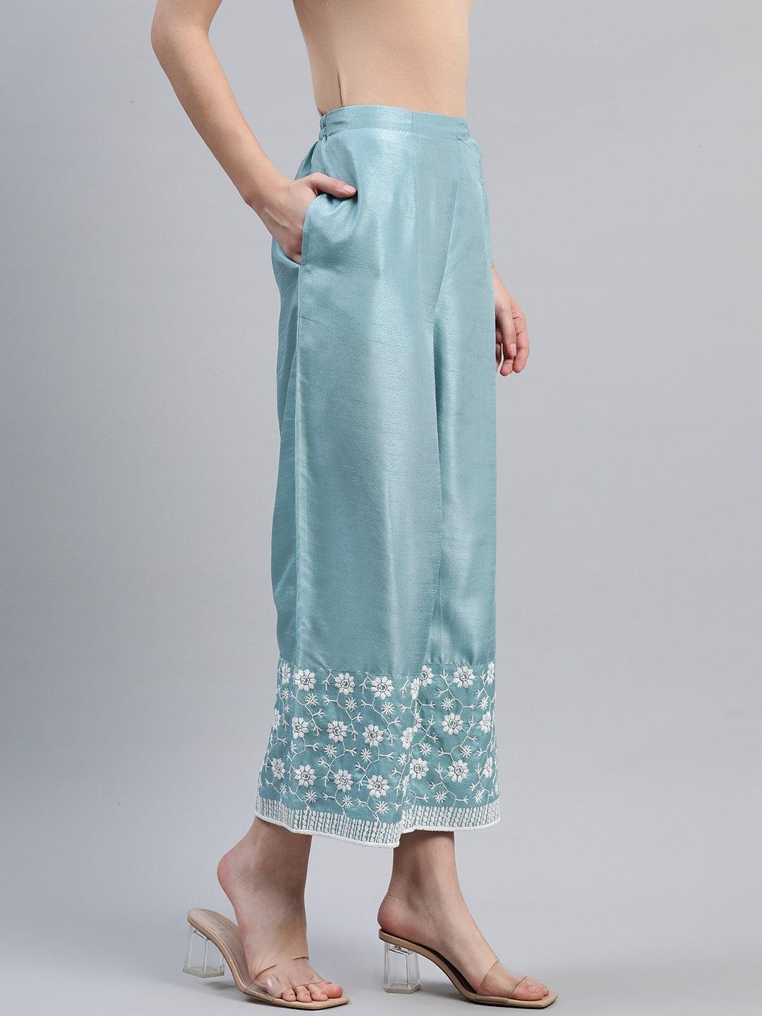 Blue Embroidered Silk Palazzos - ShopLibas