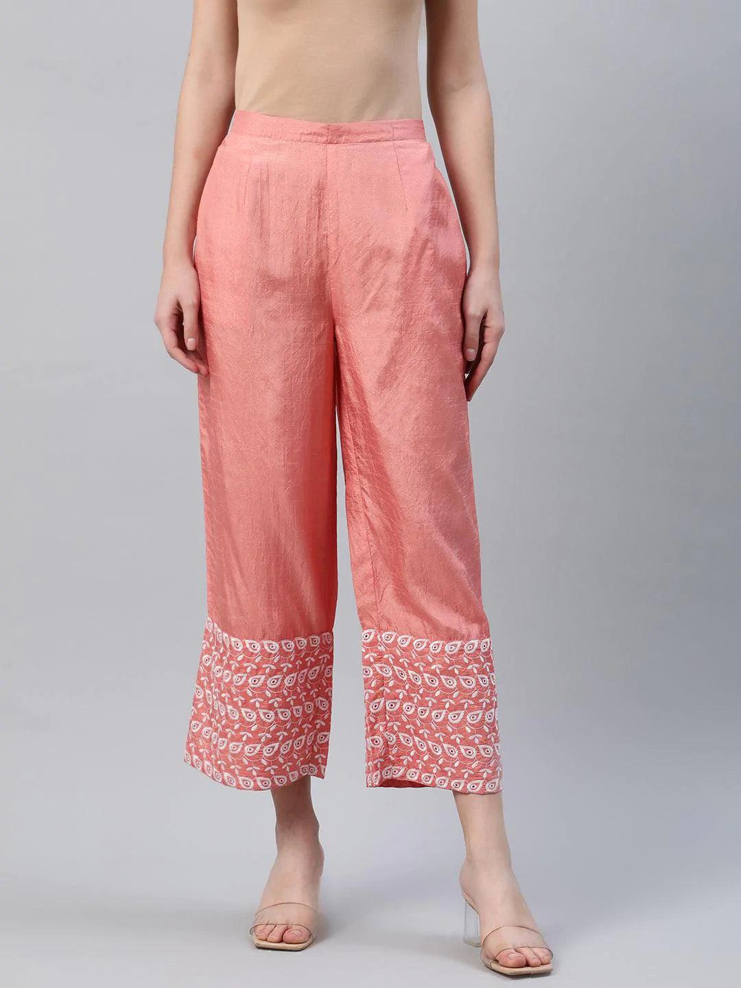 Peach Embroidered Silk Palazzos - ShopLibas