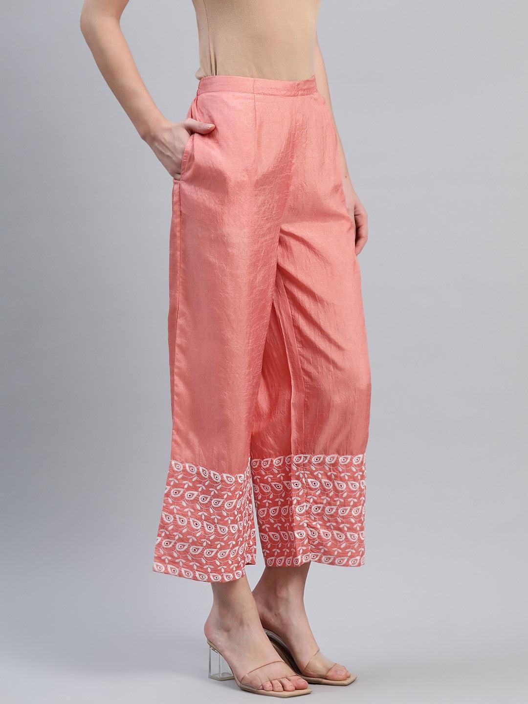 Peach Embroidered Silk Palazzos - ShopLibas