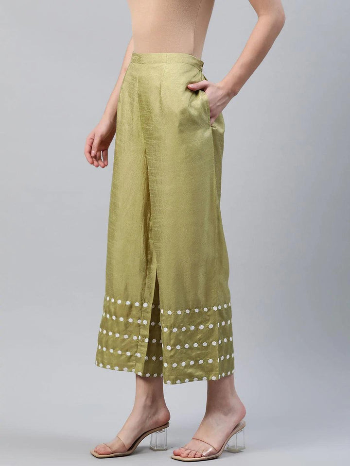 Green Embroidered Silk Palazzos - ShopLibas