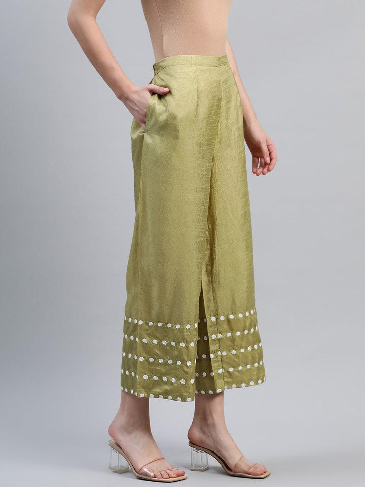 Green Embroidered Silk Palazzos - ShopLibas