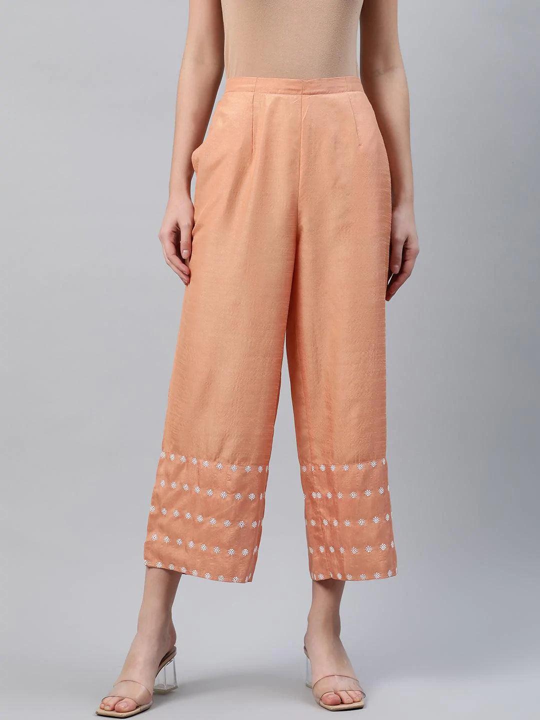 Orange Embroidered Silk Palazzos - ShopLibas