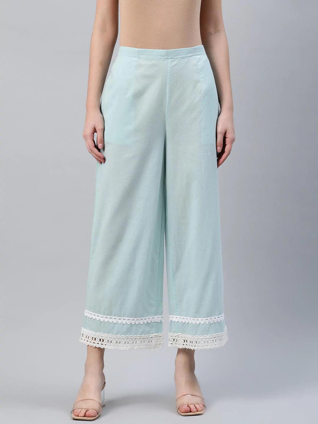 Blue Solid Cotton Palazzos - ShopLibas