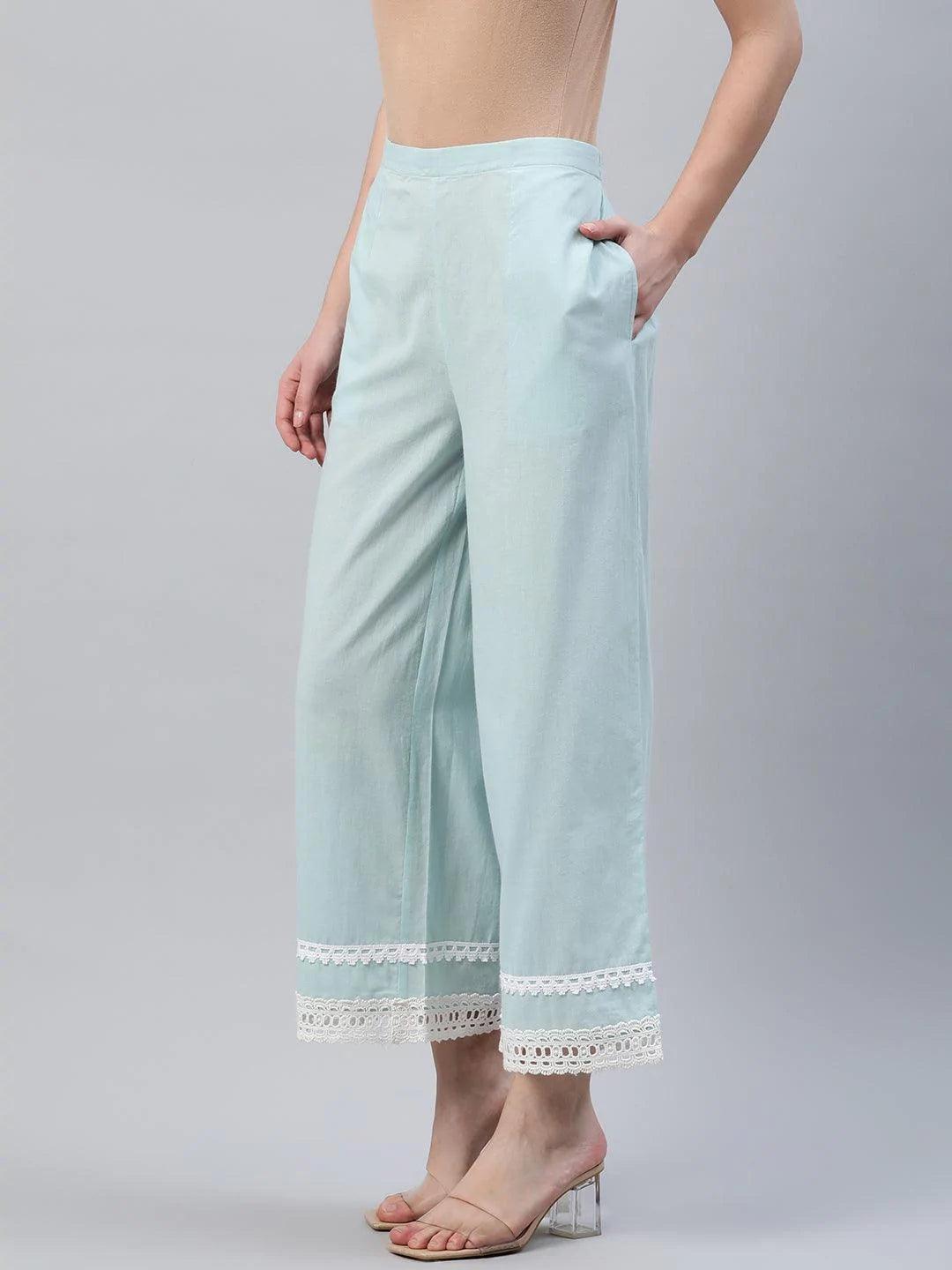 Blue Solid Cotton Palazzos - ShopLibas