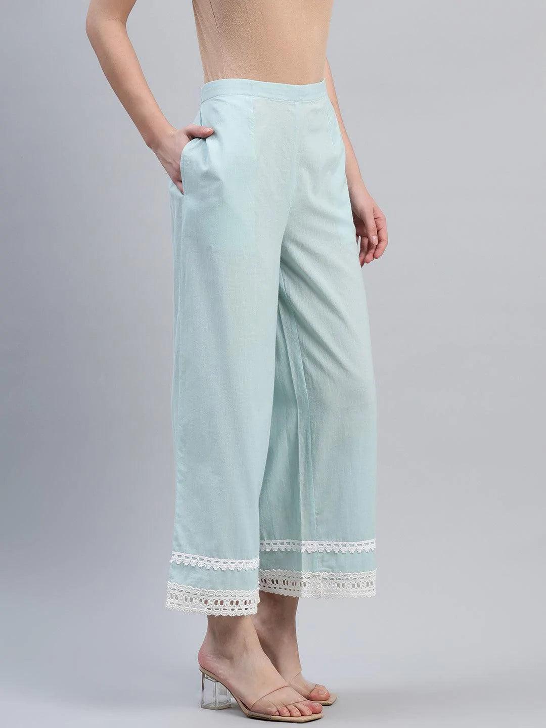 Blue Solid Cotton Palazzos - ShopLibas