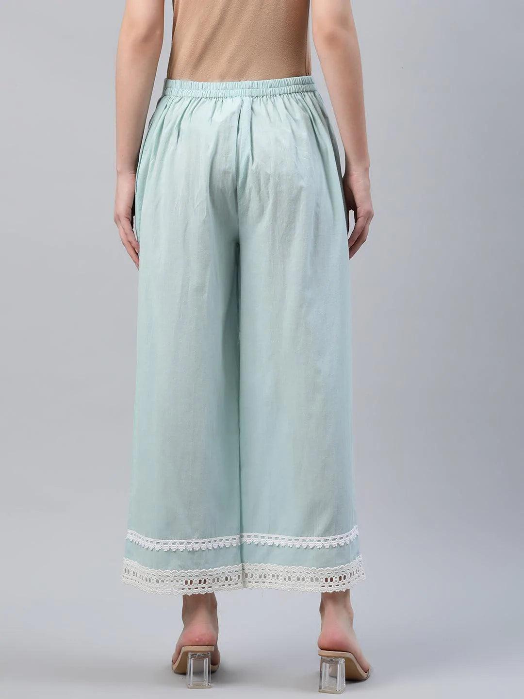 Blue Solid Cotton Palazzos - ShopLibas